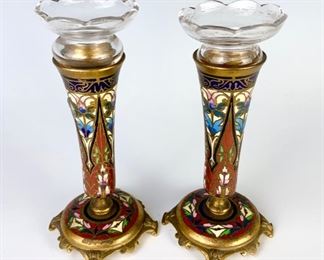 Pair Antique French Champleve, bronze and glass vases