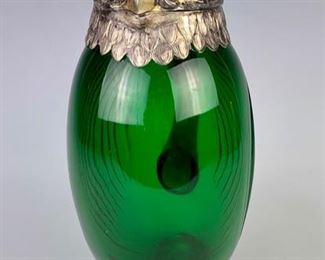 Emerald Glass & Silver-plated  Owl Decanter with amber glass eyes