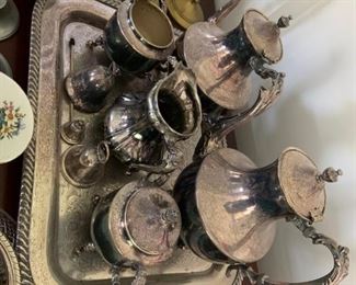 Silver tea set - brass candlesticks / silver candlesticks. Silver serving trays