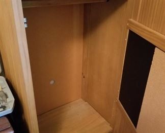 #22 wood locker type cabinet w 1 door, 1 drawer, chalk board, 2 shelves24x17.5x57 $100.00
