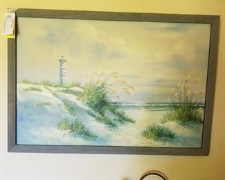 #19 orginal acrilic painting of the beach and light house by Tayler 39x27 $65.00