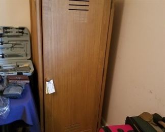 #22 wood locker type cabinet w 1 door, 1 drawer, chalk board, 2 shelves24x17.5x57 $100.00