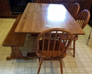 #11 farm house plateform dining table w bench ad 4 chairs 60x35x30 $175.00