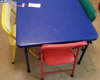 #26 kid folding table w 4 chairs blue table green/yellow chairs $25.00