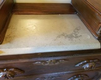 #27 antique dresser w 5 drawers and mirror & stone top41x18x42 $250.00