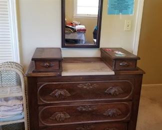 #27 antique dresser w 5 drawers and mirror & stone top41x18x42 $250.00