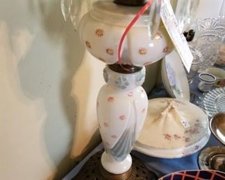 #31 white with pink dot lamp w/ prism hanging $125.00