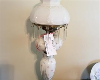 #31 white with pink dot lamp w/ prism hanging $125.00
