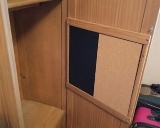 #22 wood locker type cabinet w 1 door, 1 drawer, chalk board, 2 shelves24x17.5x57 $100.00
