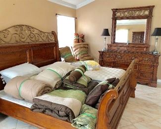 Ornate 4-Piece King Bedroom Set - $750 Set (Save $70!)
Including:
King Head/Foot Board w/side rails - $300 - (82W 91L)
Multi-Tier Marble-top Dresser w/Valet and Mirror - $285 - (68W 20D)
Armoire - $150 - (42W 22D 72H)
Night Stand w/Marble top - $85 - (32W 17D 28H)