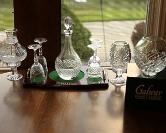 CALWAY IRISH CRYSTAL  DECANTER SET, ROSE BOWL AND CANDLE HOLDERS.