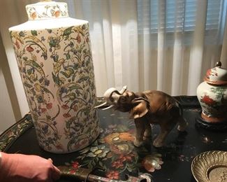 Vintage table, and collector elephant and porcelain.