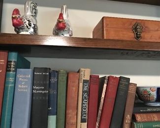 Milk glass chickens, vintage wood medical box, more books