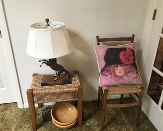 Berea college stool, nice horse lamp, and cane bottom chair