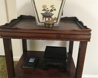 Nice vintage table, with Chinese tea box, buyer to verify. Thought to be adorned with jade inlay. Buyer to verify