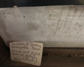 Note found inside of clock. Reads : Silas B Terry Terryville, Conn. Came out of old Grand Hotel-Cinti 1850.