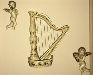 3 piece cherub and harp chalkware set 