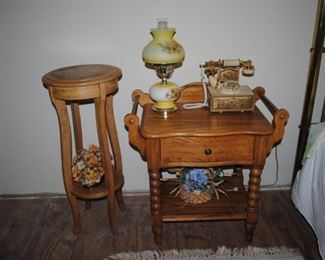 Oak washstand style side table, plant stand, Gone with the Wind style lamp there are 2