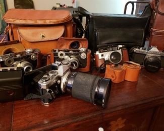 Numerous vintage cameras, including Pentax, Olympus, Argus and Kodak