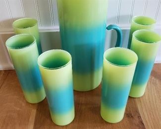 Stunning vintage teal/lime blended glass pitcher/6 tumblers (Akro Agate?)
