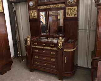 Fabulous Circa 1910 3 Piece Italian Mahogany Queen Size Bedroom Suite. Decorated with Inlaid Wood, cast Bronze Cupid’s,and Bronze Plaques