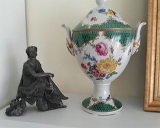 Pair of these porcelain urns, and two metal womsn figured