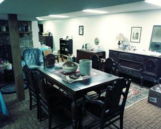 antique dining table & 6 chairs