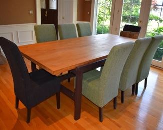 Contemporary wood and metal table and 8 parson's chairs