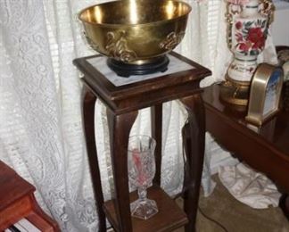 Brass bowl, marble top stand