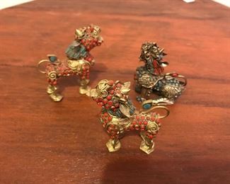 Vintage Tibetan brass turquoise coral foo dogs
