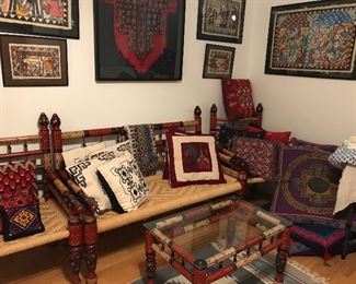 Mexican painted bench, 2 chairs and glass top table set