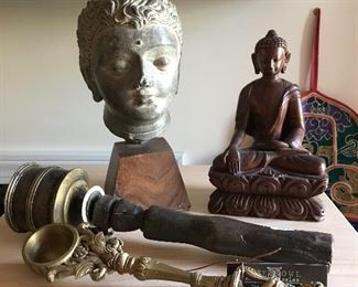 Hindu prayer wheel and antique brass oil lamp ladle