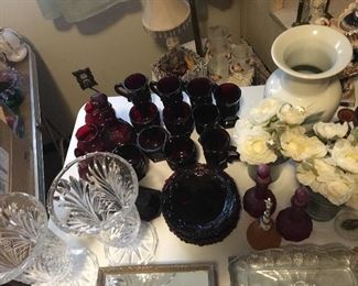 Avon red glassware, bells, large crystal vases