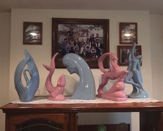 Royal Haeger Pottery- Art Deco from 1986-1988 today its '$20 each, down from $70, Swan, Flying Fish,   Woman's head, Ram Deer, Dancing lady