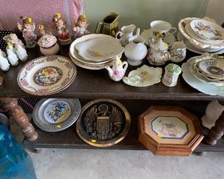 Some figurines, plates and bowls, storage box