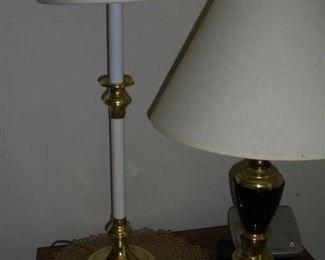 White & brass candle stick lamp & blue & brass table lamp