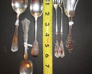 Coin and sterling silver spoons and silver plate serving forks