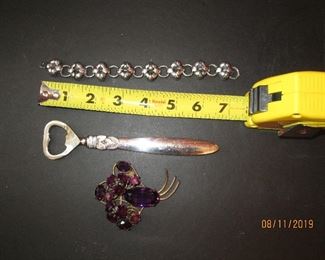 Sterling bracelet, Georg Jensen bottle opener and gold wash over sterling pin
