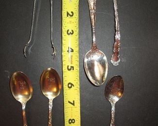 Sterling spoons and sugar tongs
