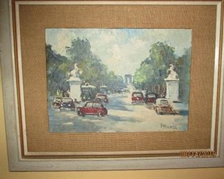 Signed and listed artist work of the Arch de Triomphe in the distance by P. Michel.