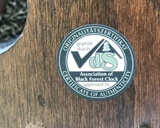 Black Forest Clock Certificate of Authenticity  