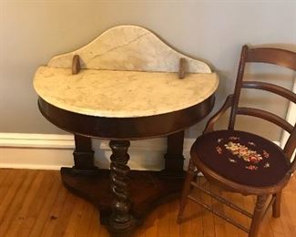 Beautiful Antique Marble Top Table, Needlepoint Chair
