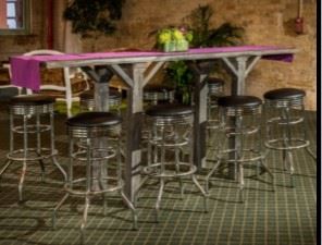 Plank tables and bar stools