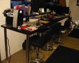 bar stools and high top desk/workspace with drawers