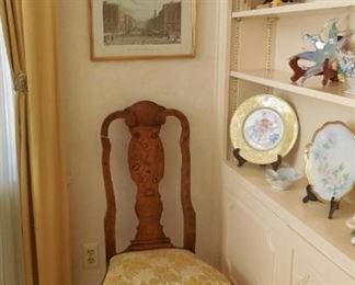 Burl Wood occasional side chair, nice prints and beautiful selection of plates and cups
