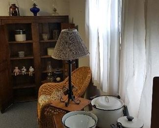 Wicker Chair, Drop Leaf Table, Granite ware, and Pie Safe.