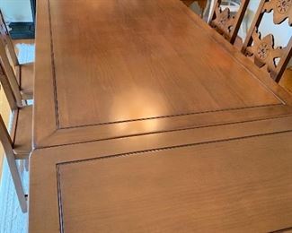  EARLY AMERICAN  EXTENDABLE DINING TABLE W/6 CHAIRS BY HASTINGS  60" L X 38" W X 30" H           96" MAX L