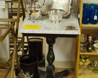 Marble Topped Side Table ( Marble is Loose) with a few pieces of Silverplate. Items sold separately.