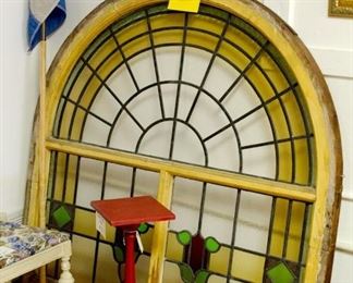Large Stained Glass Window, Dresser Bench, Red Plant Stand and small Stained Glass Window