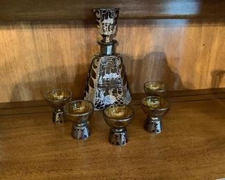 Antique Amber/Silver Decanter Set w/5 glasses (some chipping on glasses) ==> $150